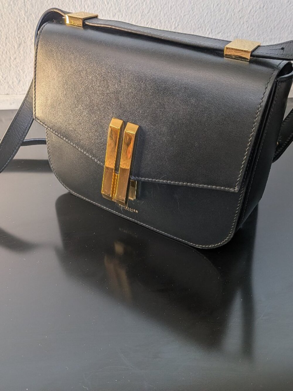 DeMellier Vancouver Smooth Black Leather Crossbody Bag with Gold Hardware